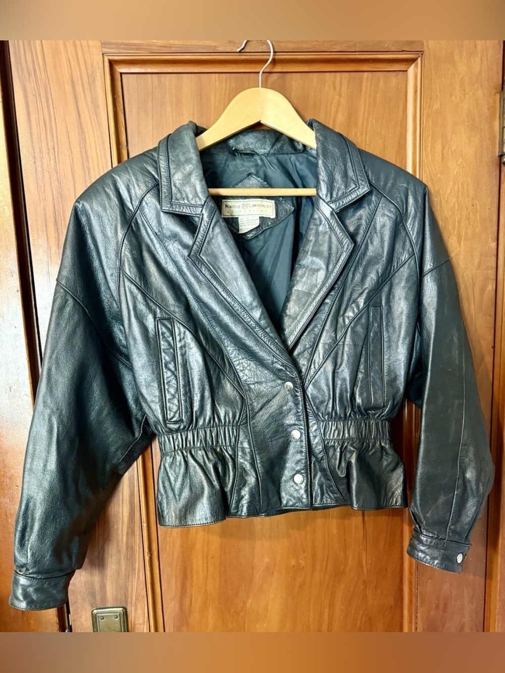 Vintage Maggie Lawrence Leather Motorcycle Jacket/Coat Snap Cinch Waist Black S